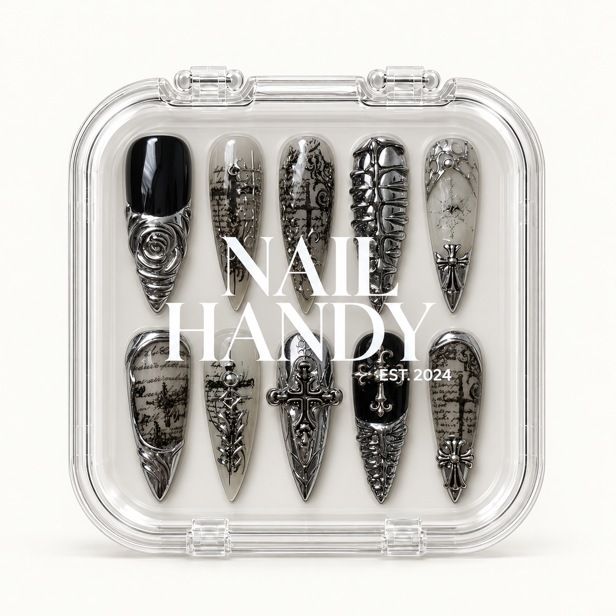 Closed Nail Handy branded package for the Chrome Cathedral press-on nail set.