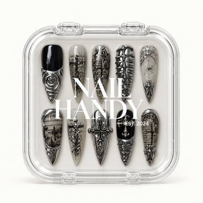 Closed Nail Handy branded package for the Chrome Cathedral press-on nail set.
