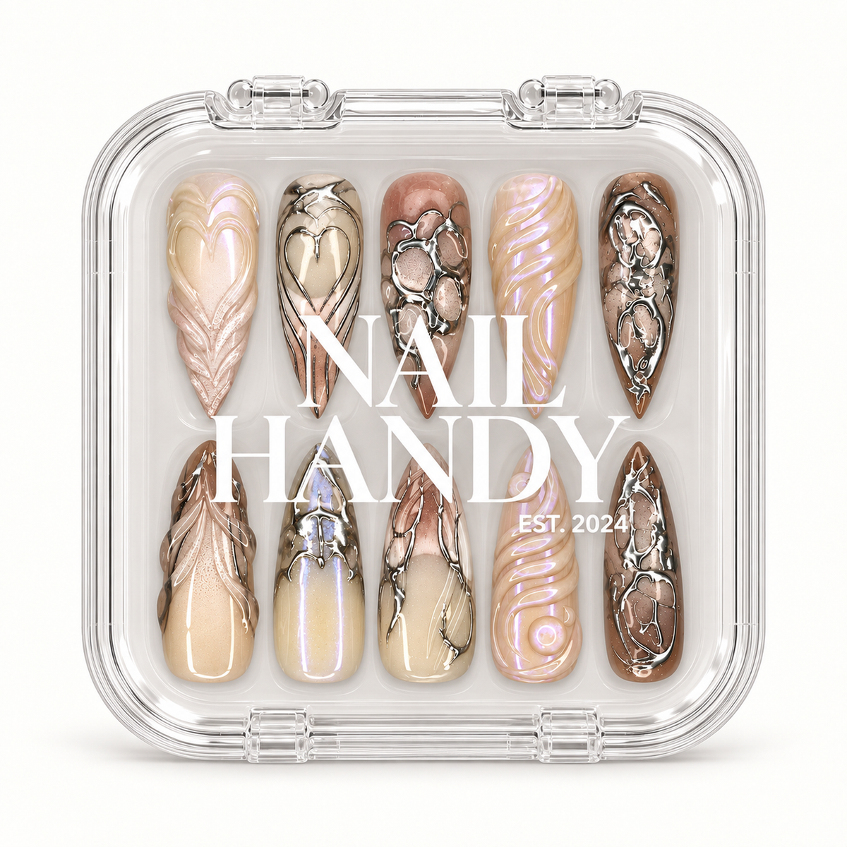 Nail Handy branded package box prepared for the Chrome Relic press-on nail set.
