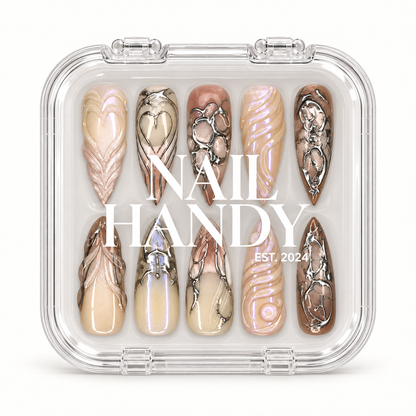 Nail Handy branded package box prepared for the Chrome Relic press-on nail set.