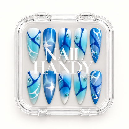 Nail Handy branded package box for the Blue Current press-on nail set.