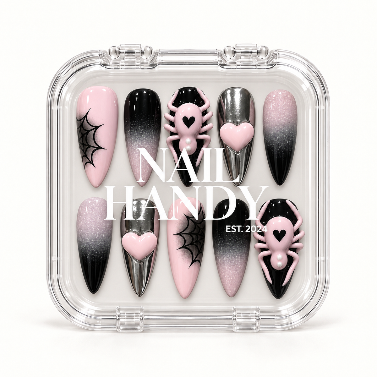 Nail Handy branded package for the Blush Web Spider press-on nail set.