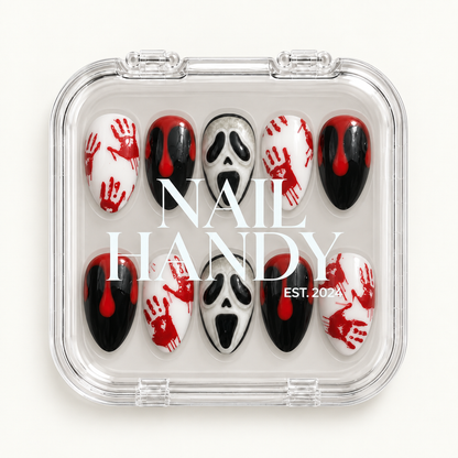 Closed Nail Handy branded package for the Crimson Panic press-on nail set.