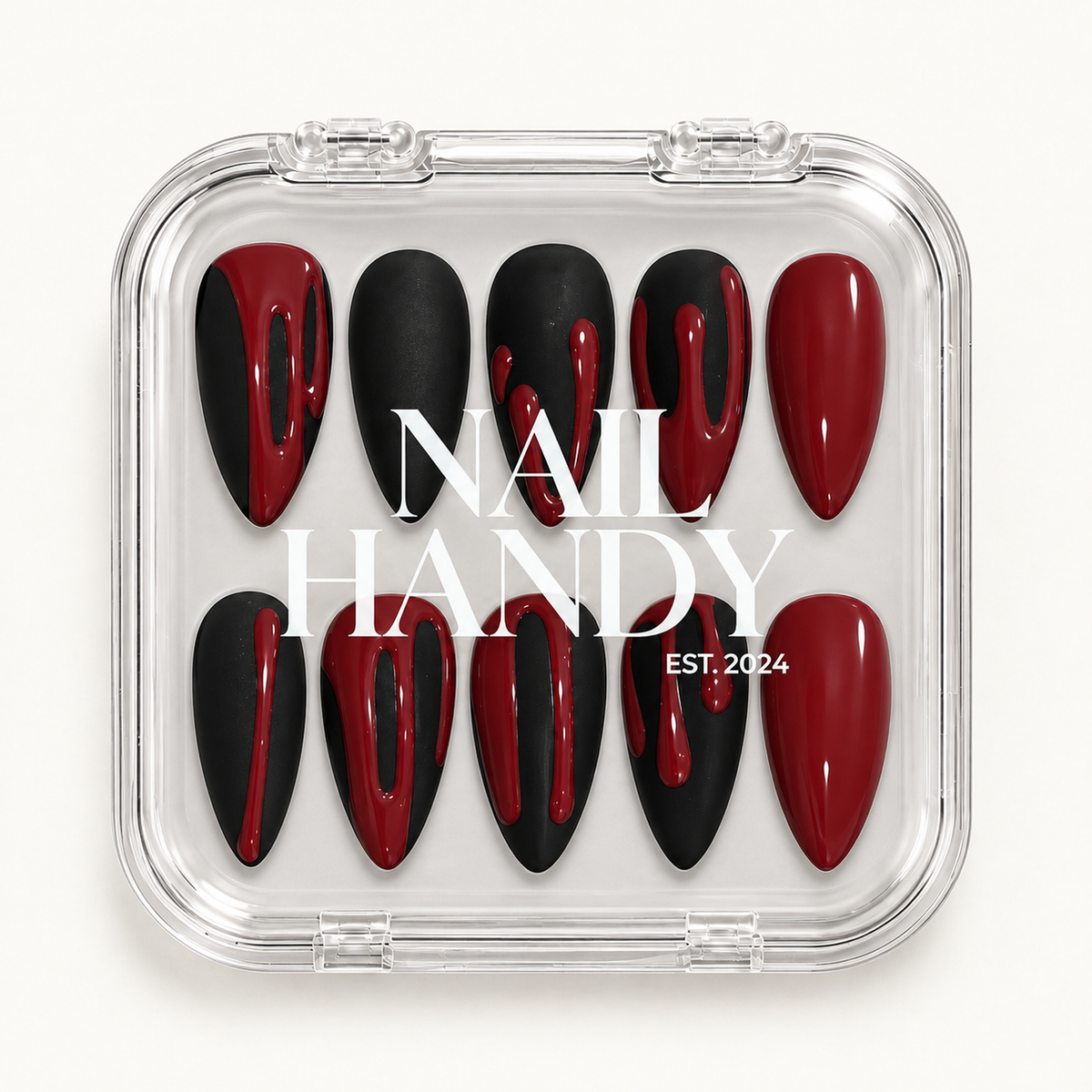 Closed Nail Handy package box for the Crimson Drip press-on nail set.