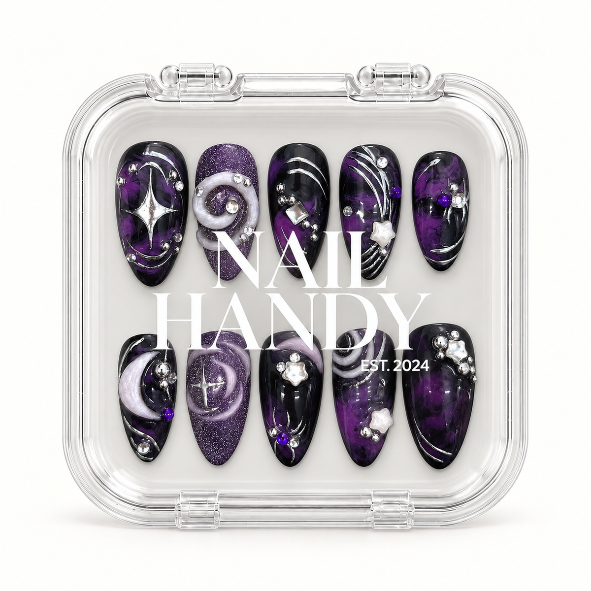 Nail Handy branded package box for the Violet Orbit press-on nails.