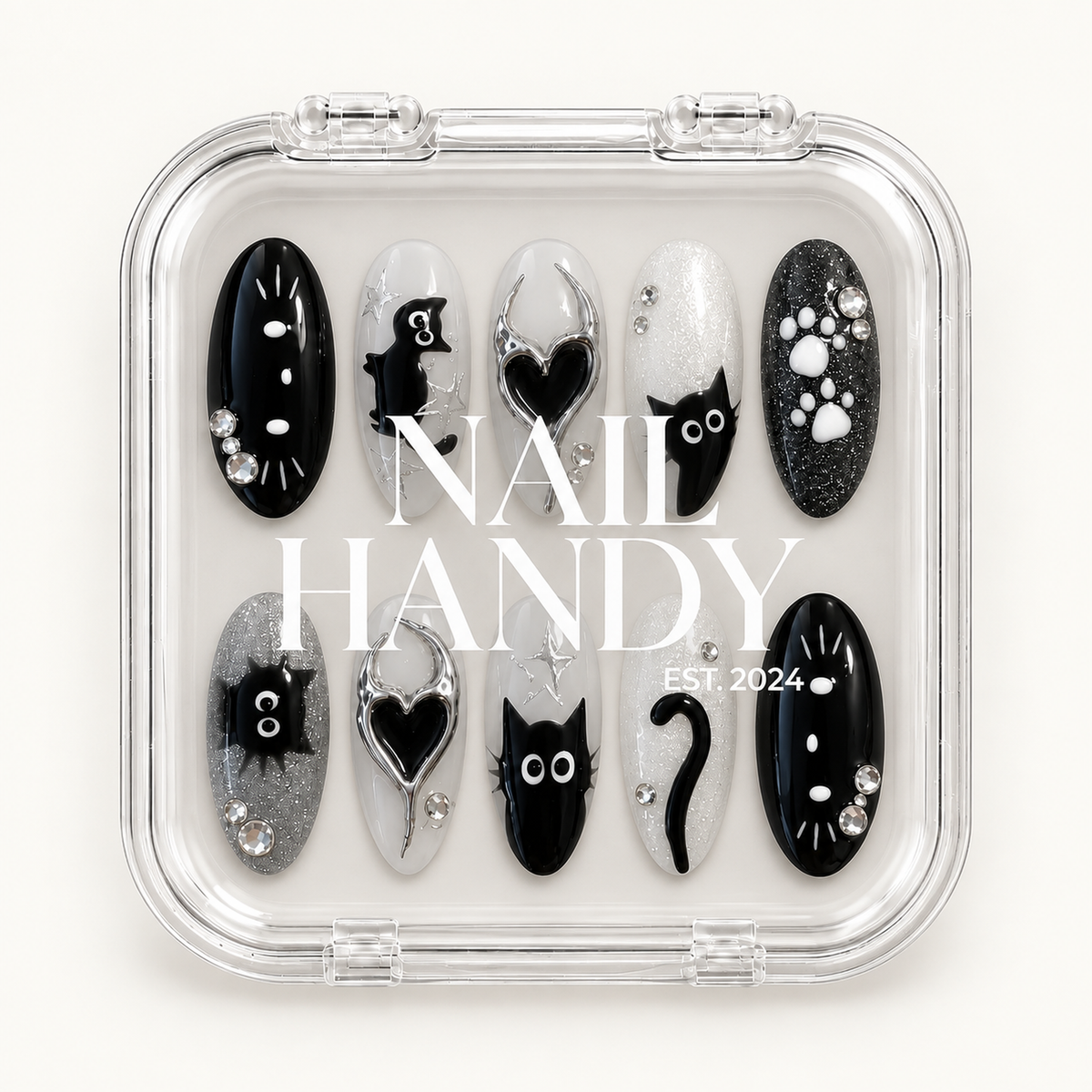 Nail Handy branded package presentation for the Chrome Void Cats press-on nail set.