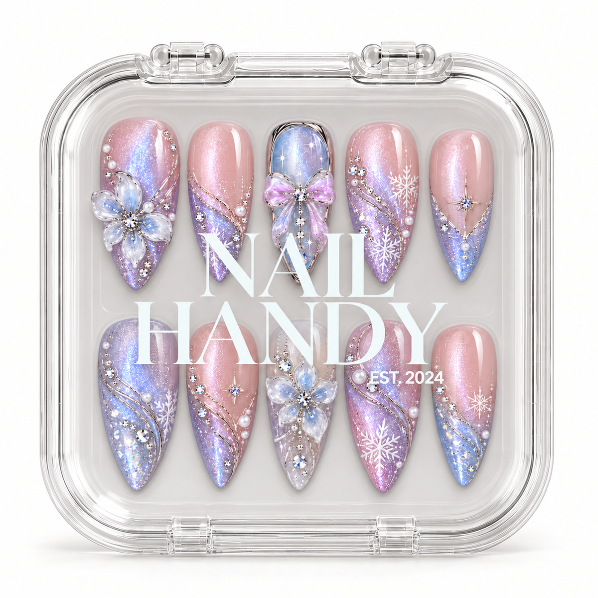 Closed clear Nail Handy case displaying ten pink, lavender, and icy blue nails beneath white branding on the lid.