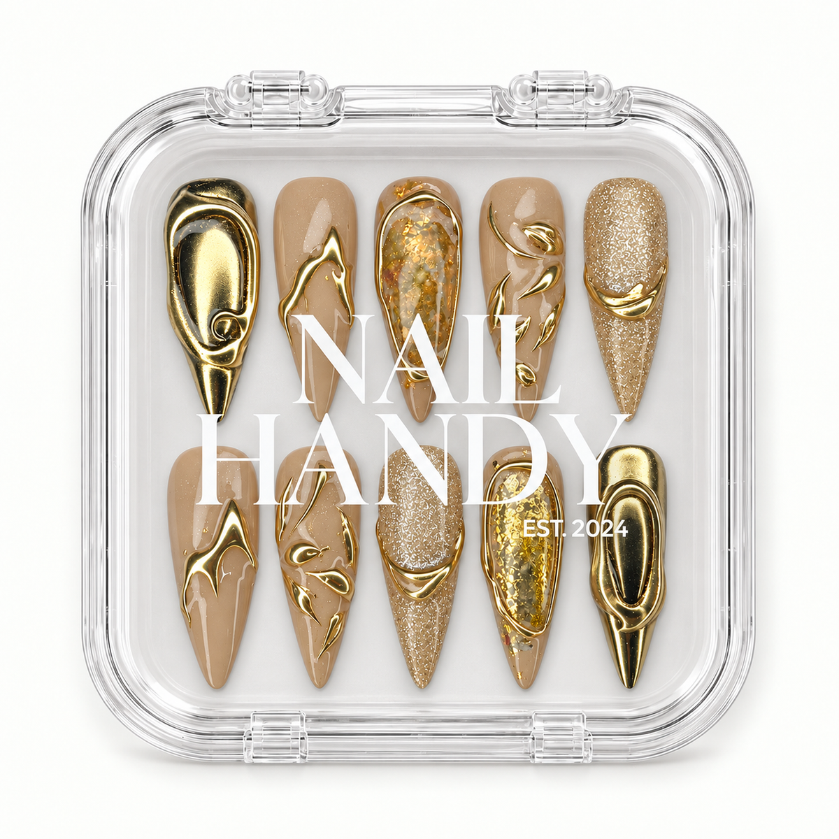 Nail Handy branded package box for the Milky Gold Bloom press-on nail set.