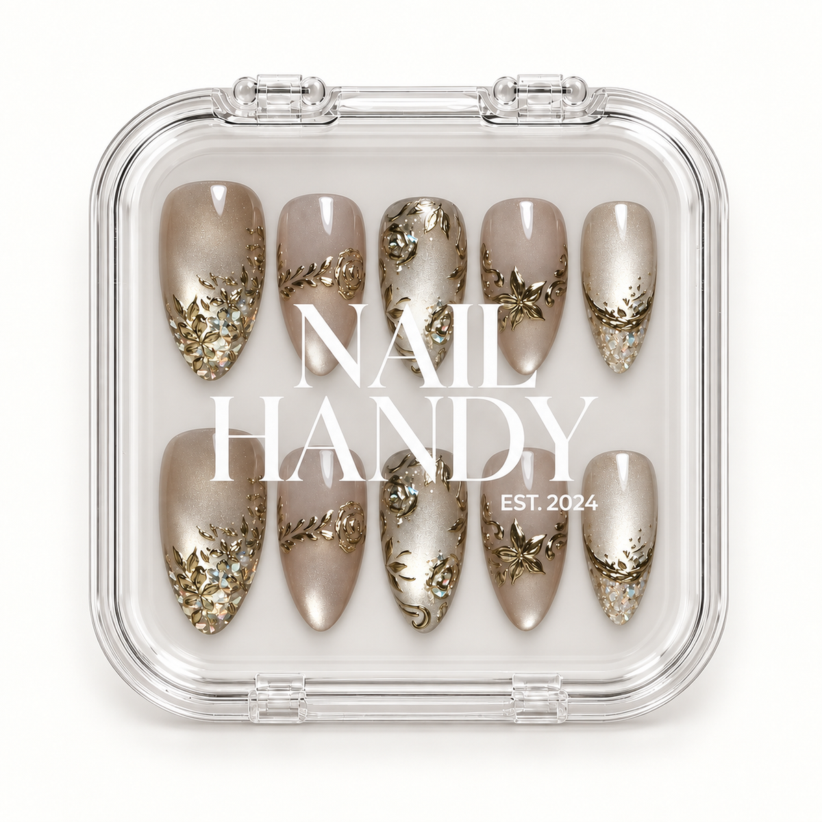 Closed clear Nail Handy case displaying ten champagne and greige nails in two rows, with white branding across the lid.