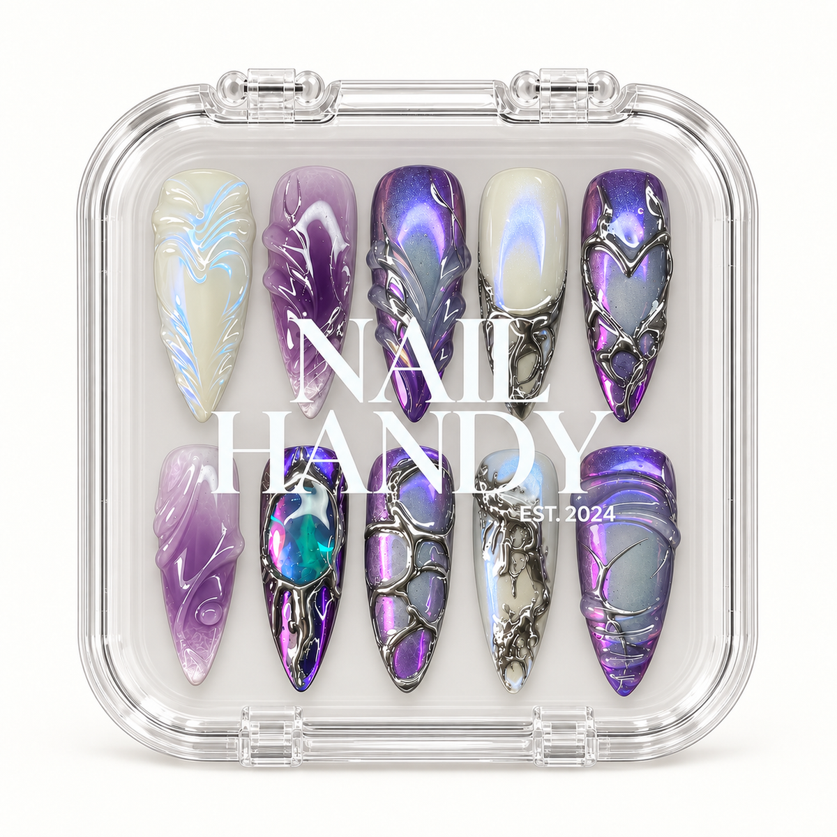 Nail Handy branded package box for the Mystic Chrome Galaxy press-on nail set.
