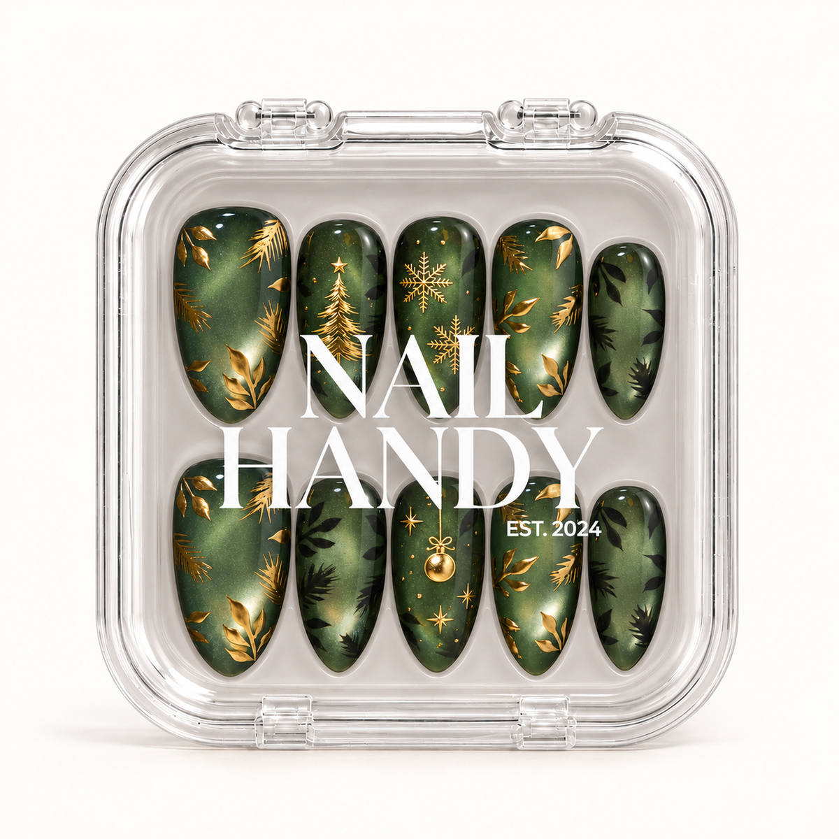 Closed clear Nail Handy case displaying ten green Christmas nails with gold-colored snowflakes, a tree, an ornament, and leafy accents.