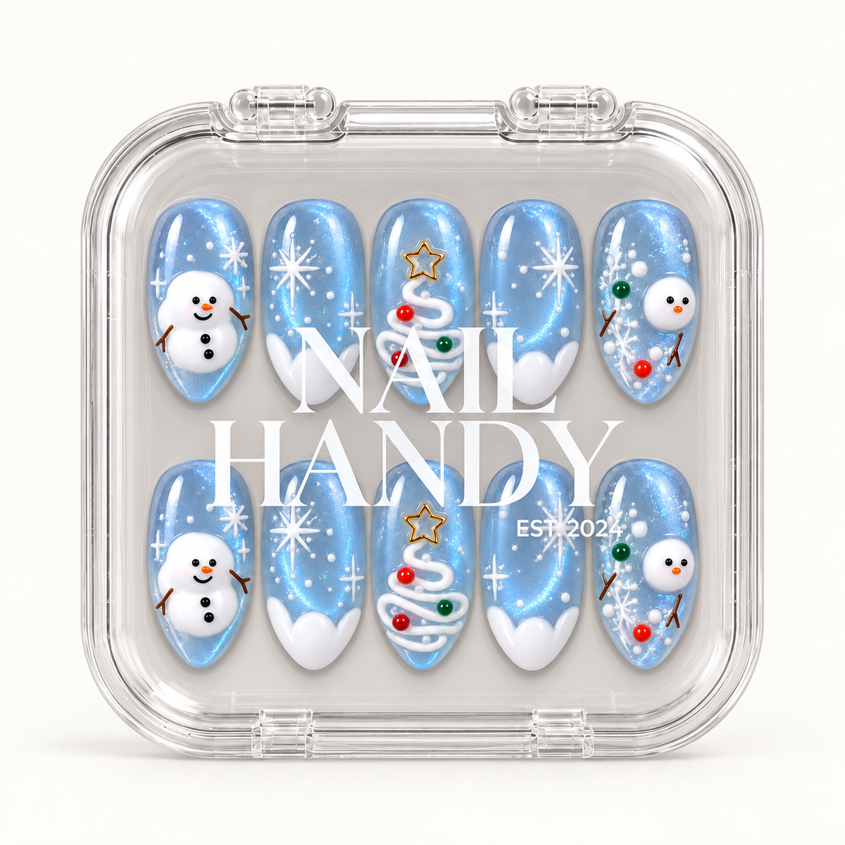 Closed clear case with white Nail Handy lettering, displaying ten icy blue nails decorated with snowmen, snowflakes, and Christmas trees.