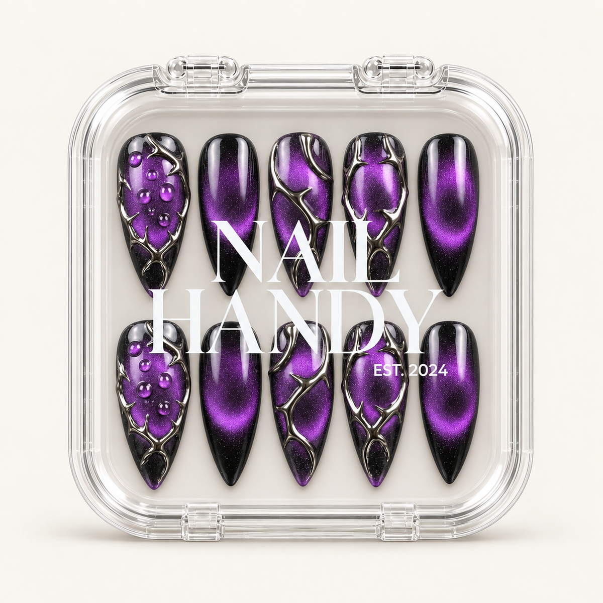 Closed Nail Handy branded package box for the Violet Thorn Veil press-on nail set.