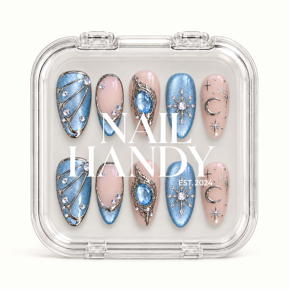 Moonlit Frost nail set visible through a clear Nail Handy case with white brand lettering across the front.