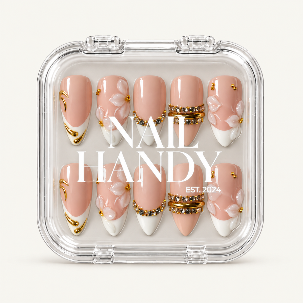 Closed clear Nail Handy case displaying ten blush and ivory nails with floral and gold-tone embellishments beneath white branding.