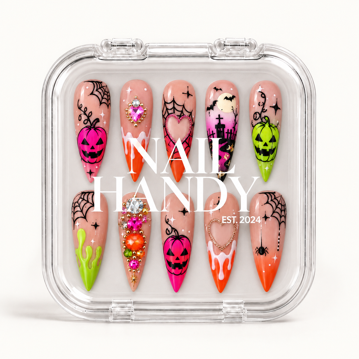 Closed Nail Handy branded package for the Neon Pumpkin Web press-on nail set.