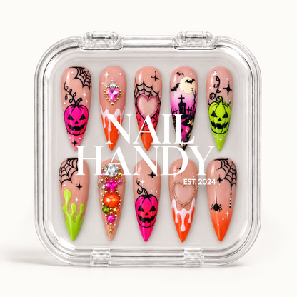 Closed Nail Handy branded package for the Neon Pumpkin Web press-on nail set.