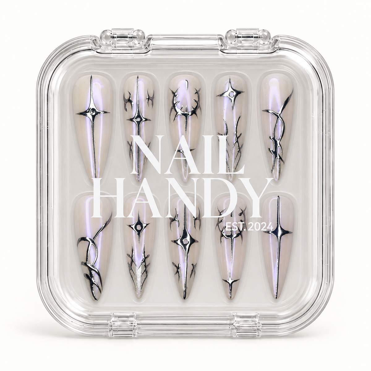 Nail Handy branded package for the Chrome Thorn Starlight press-on nail set.