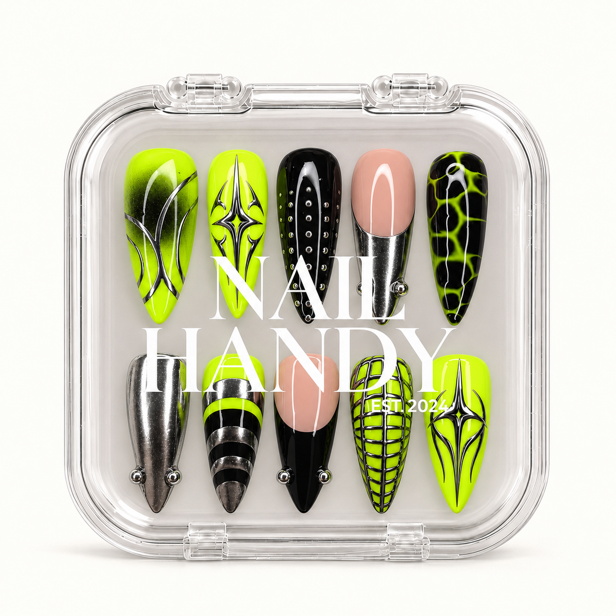 Closed clear case with white Nail Handy lettering displaying ten coordinated neon lime, black, nude pink, and silver nails.