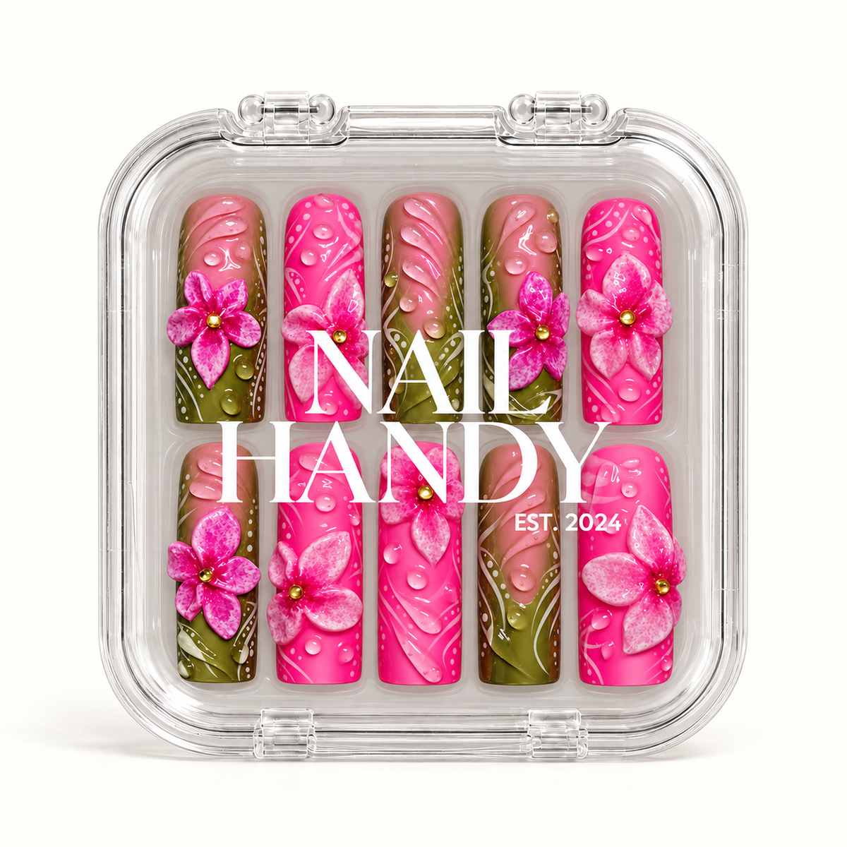 Closed clear Nail Handy case displaying ten pink and olive green nails with raised flowers, glossy droplets, and white decorative lines.