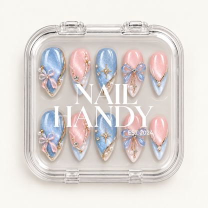 Closed clear Nail Handy case displaying ten pink and icy blue decorated nails in two rows beneath white branding on the lid.