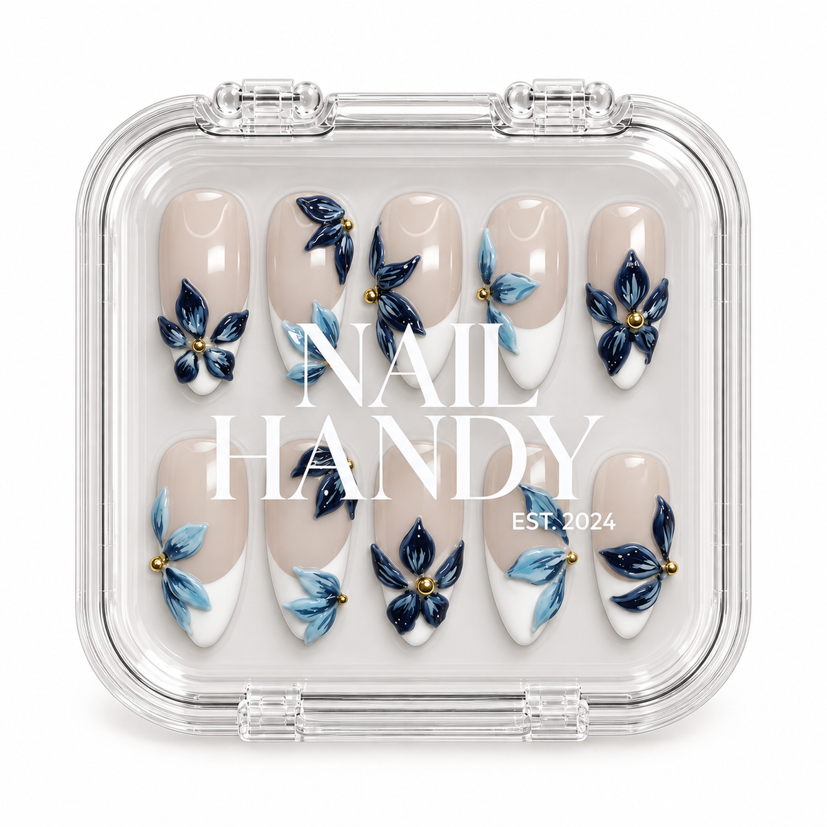 Closed clear case with white Nail Handy lettering, displaying ten blue floral French nails in two rows on a light background.