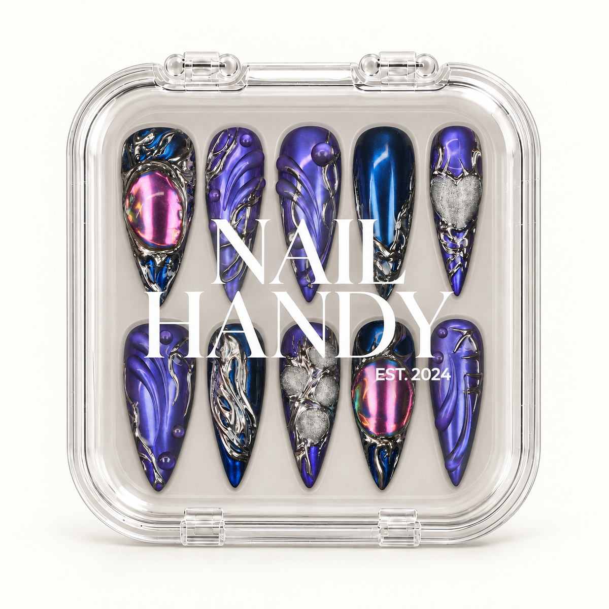Nail Handy package for the Midnight Aurora Chrome press-on nail set.