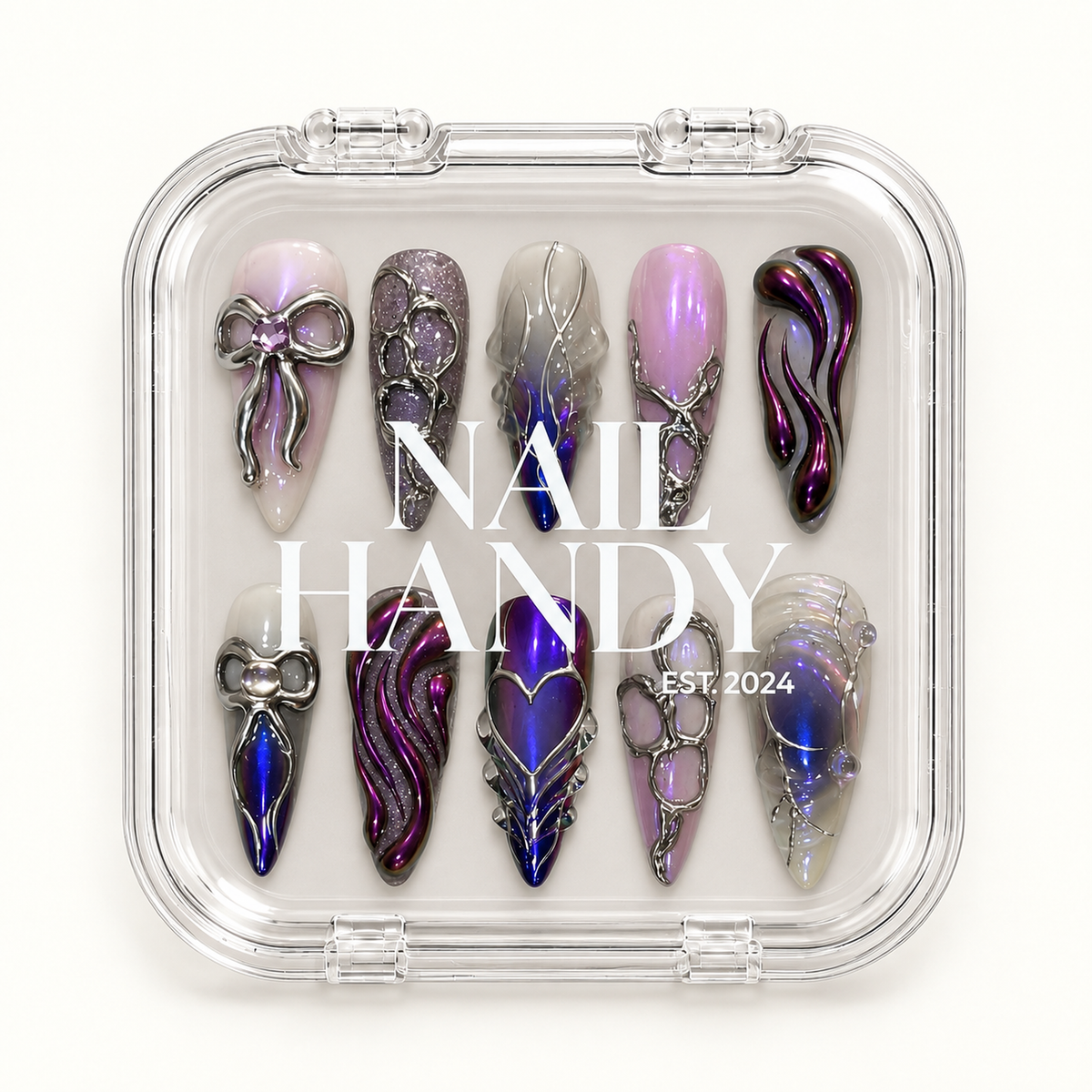 Nail Handy package presentation for the Chrome Bow Reverie press-on nail set.