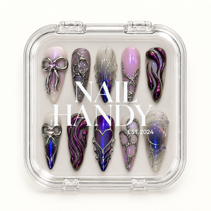 Nail Handy package presentation for the Chrome Bow Reverie press-on nail set.