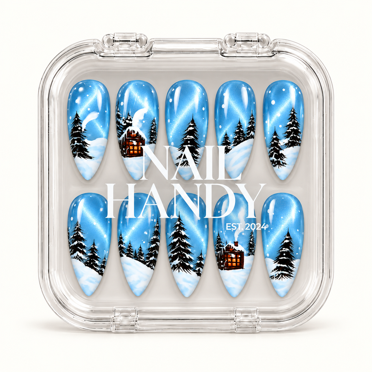 Closed clear case containing ten blue winter woodland nails, with white Nail Handy branding across the lid on a light background.