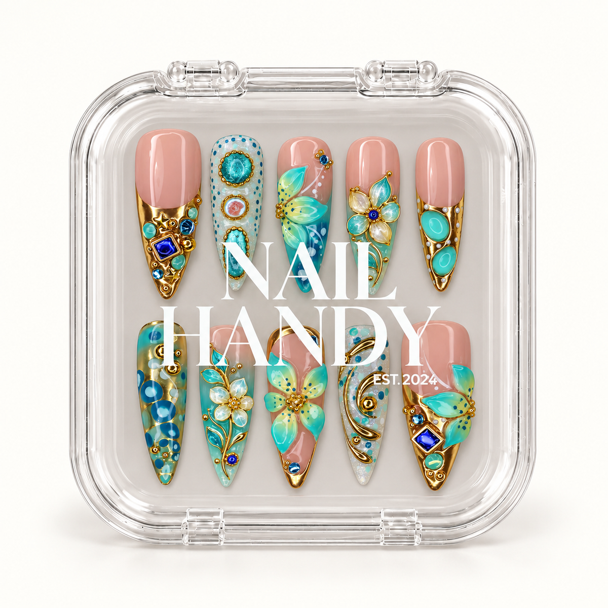 Closed clear Nail Handy case displaying ten blush pink and turquoise decorated nails beneath white branding on the lid.