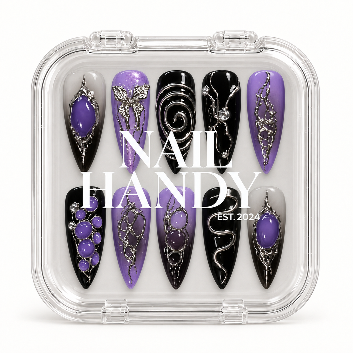 Nail Handy branded package for the Violet Relic handmade press-on nail set.