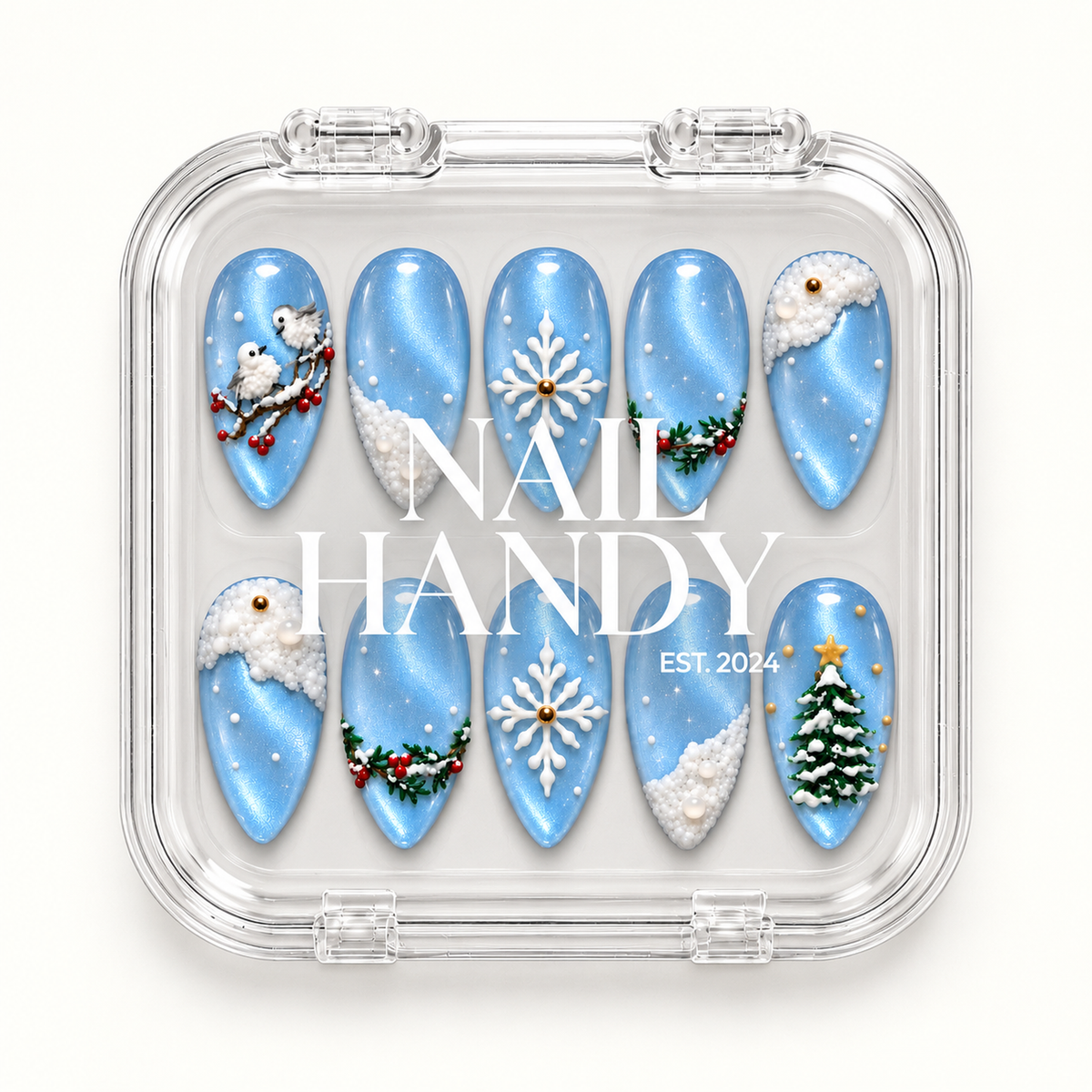 Closed clear case with white Nail Handy lettering, displaying ten icy blue winter nails in two rows on a light background.