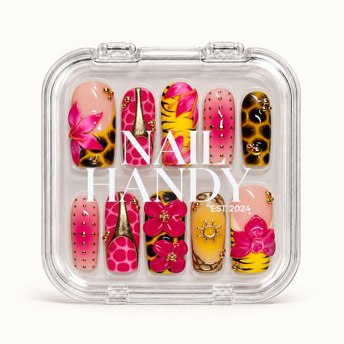 Closed clear Nail Handy case displaying ten pink, yellow, and animal-pattern nails beneath white branding on the lid.