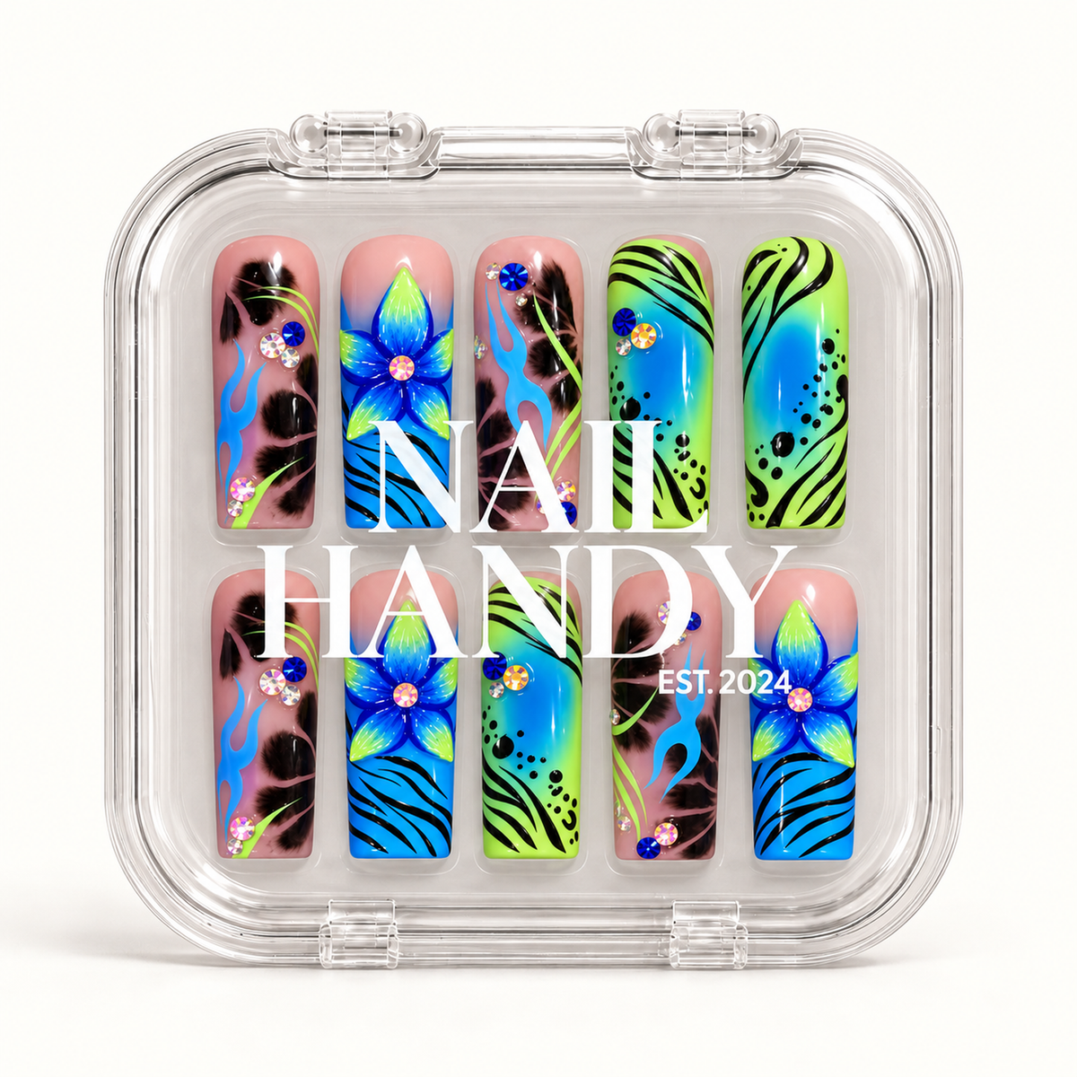 Closed clear Nail Handy case displaying ten blue, lime, pink, and black patterned nails beneath white branding.