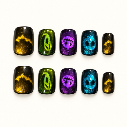 Neon Monster Glow press-on nails with black, lime, purple, and aqua glitter eye-inspired art.