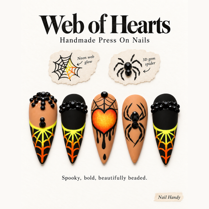Midnight Web Heart Press-On Nails with Spider Motifs - press-on nail design concept and illustrated product story