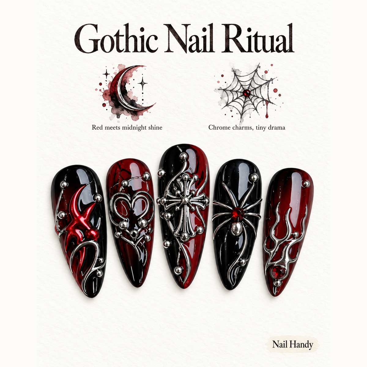 Crimson Web Relic Press-On Nails with Gothic Charms - press-on nail design concept and illustrated product story