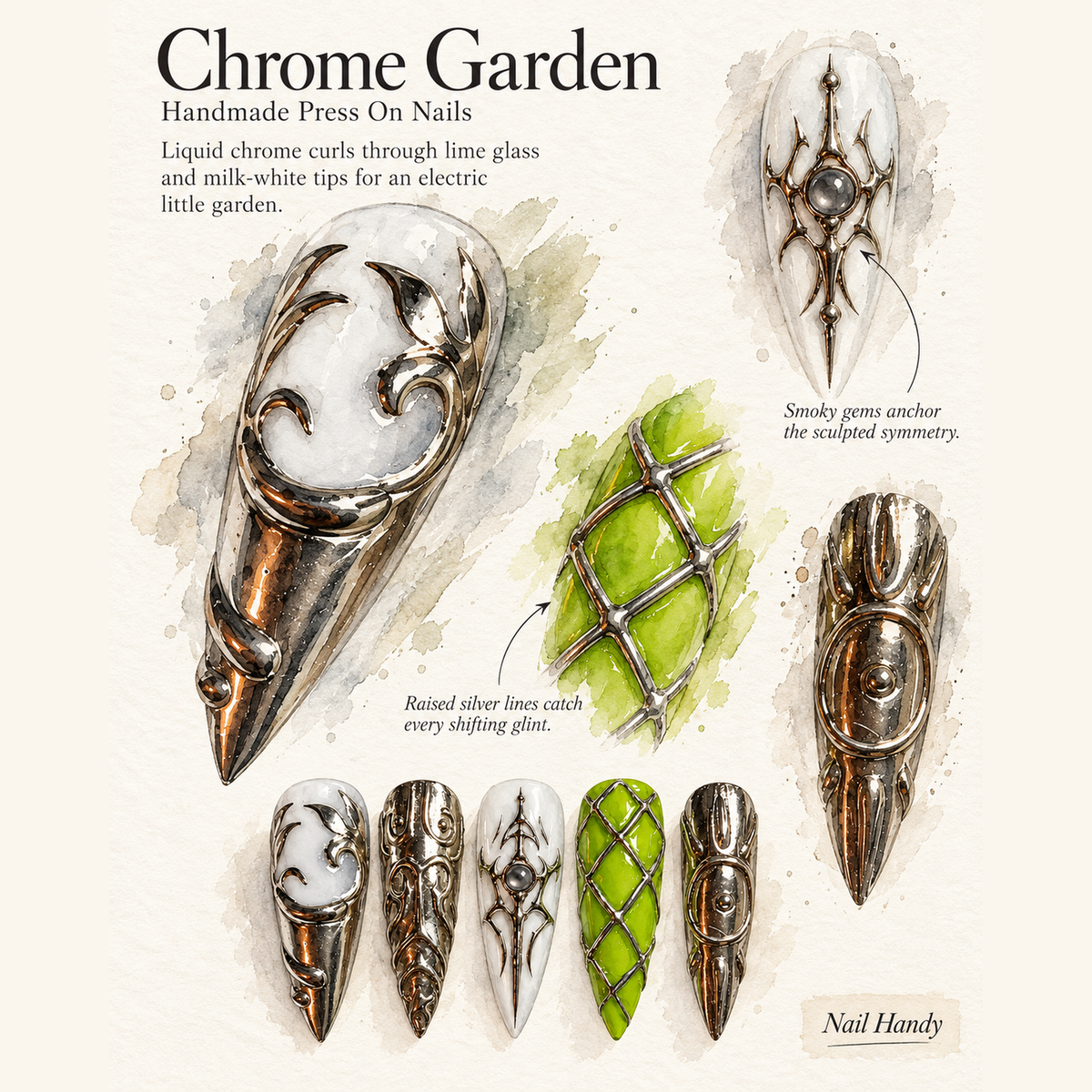 Acid Chrome Relic Press-On Nails — Lime & Silver - press-on nail design concept and illustrated product story