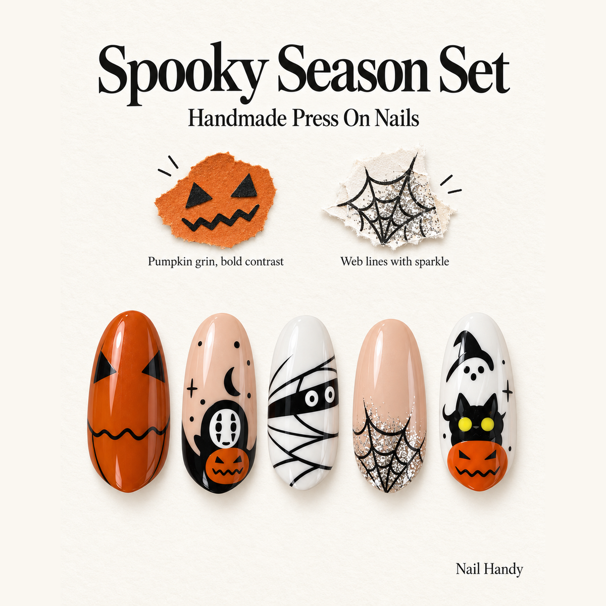 Pumpkin Web Parade Press-On Nails for Halloween - press-on nail design concept and illustrated product story
