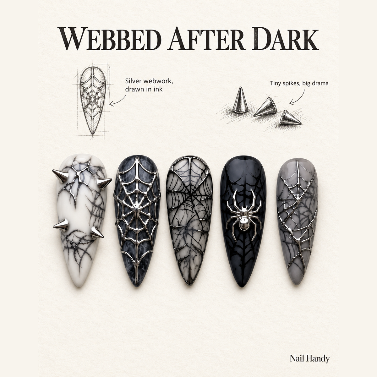 Midnight Web Spiderweb Press-On Nails - press-on nail design concept and illustrated product story