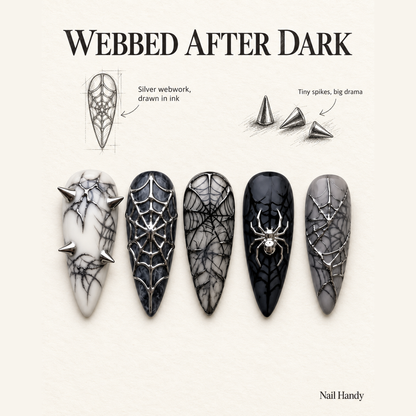 Midnight Web Spiderweb Press-On Nails - press-on nail design concept and illustrated product story