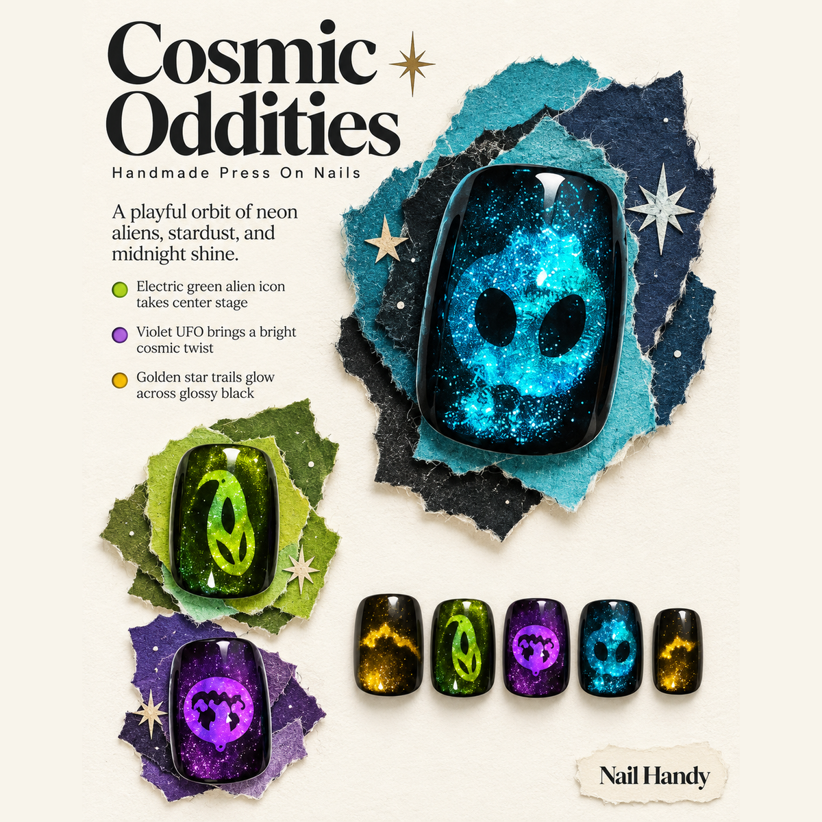 Neon Monster Glow Press-On Nails with Spooky Eye Art - press-on nail design concept and illustrated product story