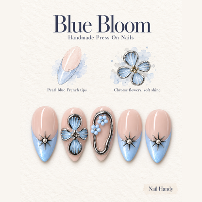 Frosted Blue Bloom Press-On Nails with Silver Starbursts - press-on nail design concept and illustrated product story