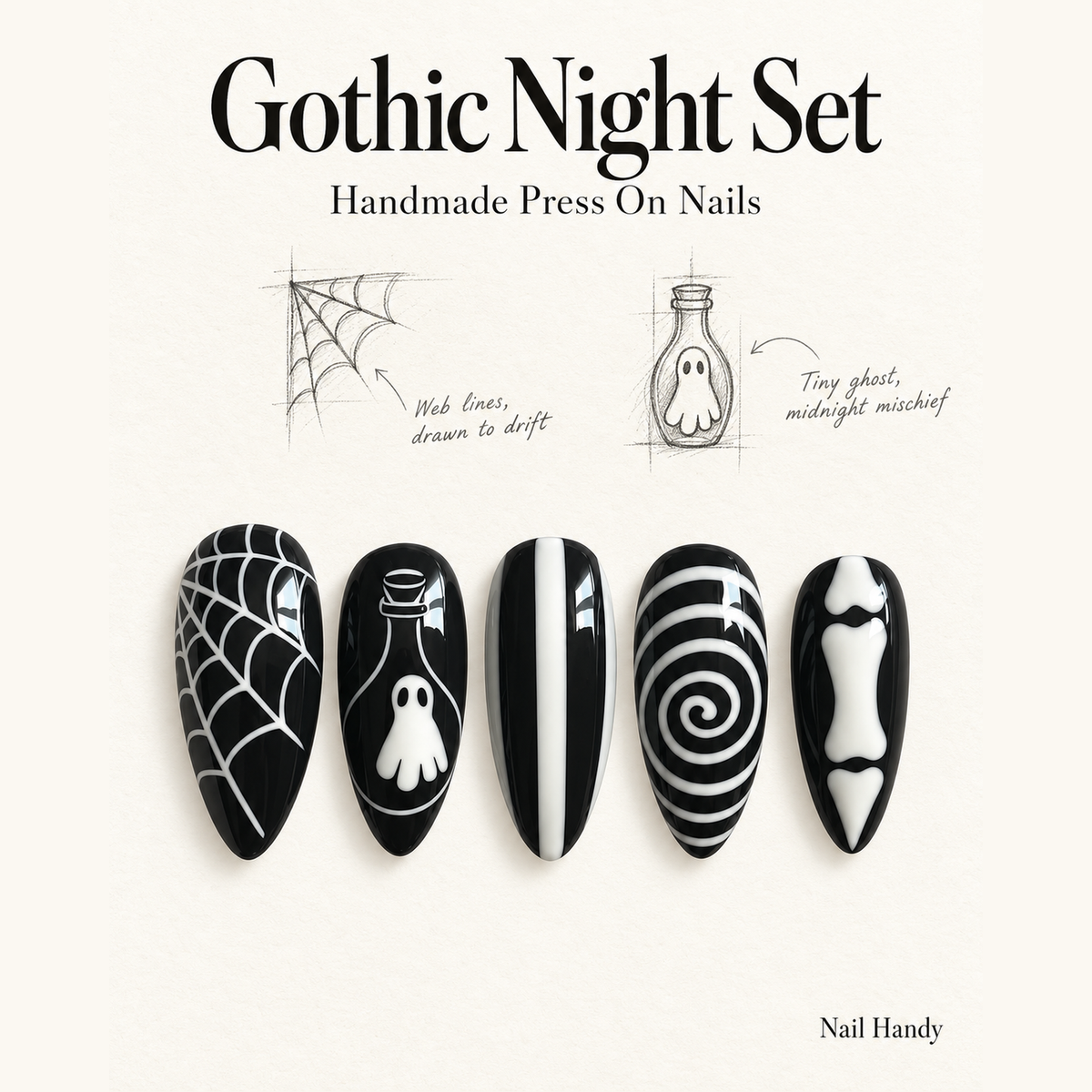 Midnight Spirit Web Press-On Nails – Gothic Halloween Set - press-on nail design concept and illustrated product story