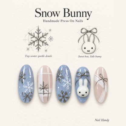 Snowbound Bunny Press-On Nails with Snowflakes and Bows - press-on nail design concept and illustrated product story