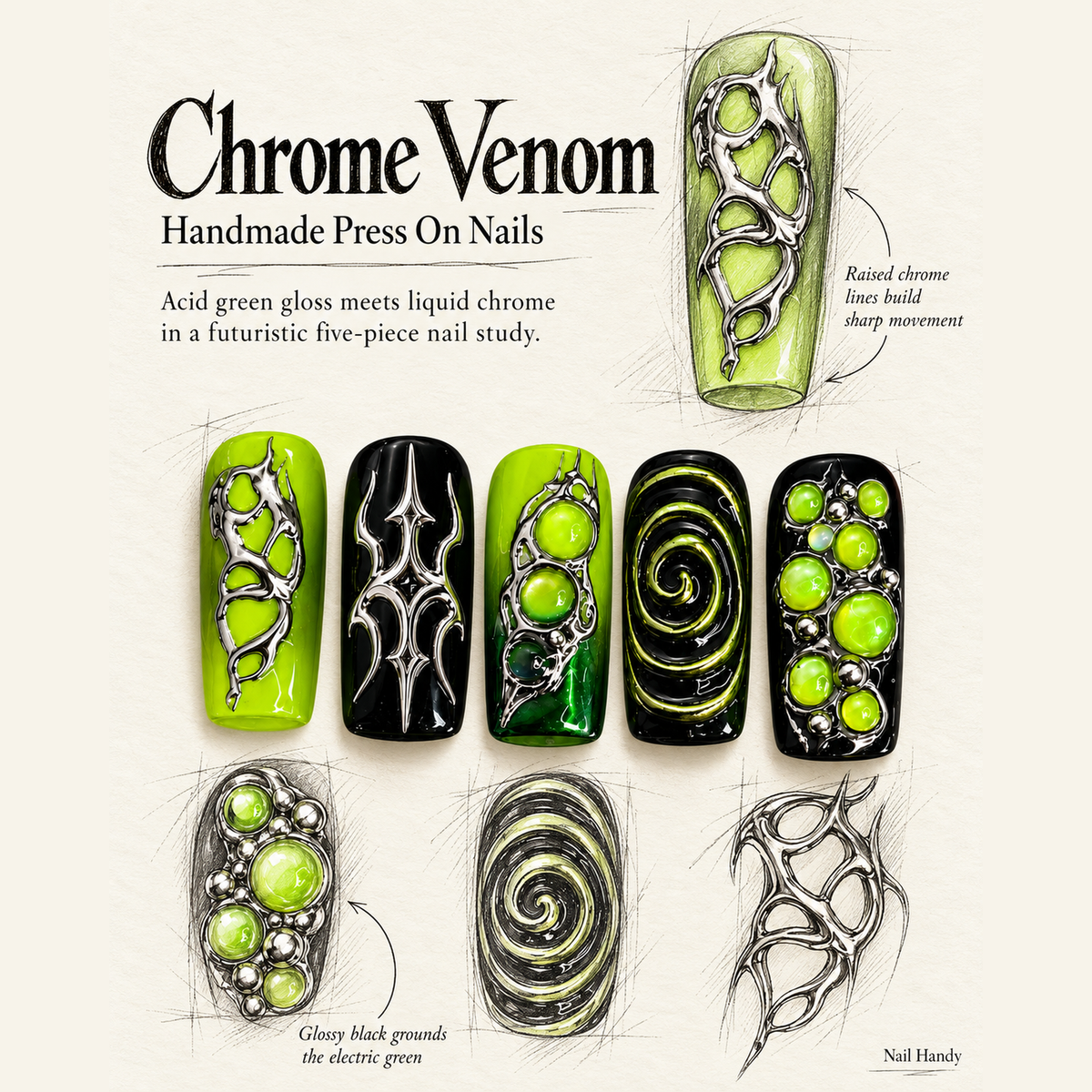 Acid Chrome Orbit Press-On Nails — Lime, Black & Silver - press-on nail design concept and illustrated product story