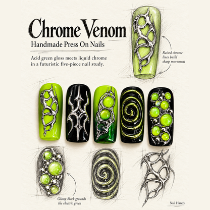 Acid Chrome Orbit Press-On Nails — Lime, Black & Silver - press-on nail design concept and illustrated product story
