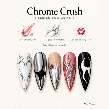 Pink Chrome Orbit Press-On Nails with Silver Accents - press-on nail design concept and illustrated product story