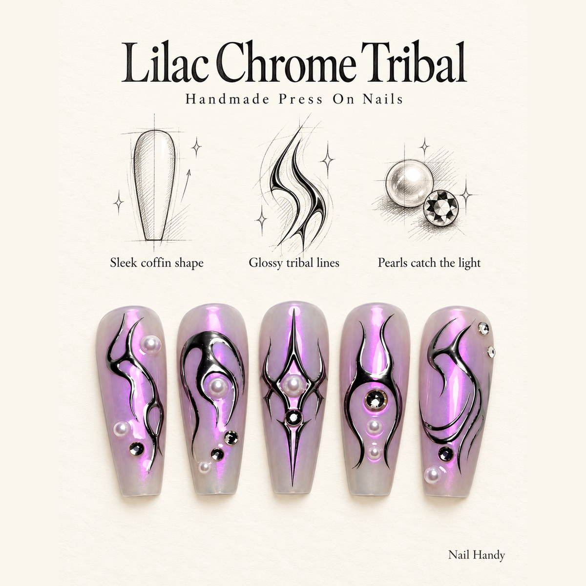 Lilac Cyber Sigil Press-On Nails with Pearl Accents - press-on nail design concept and illustrated product story